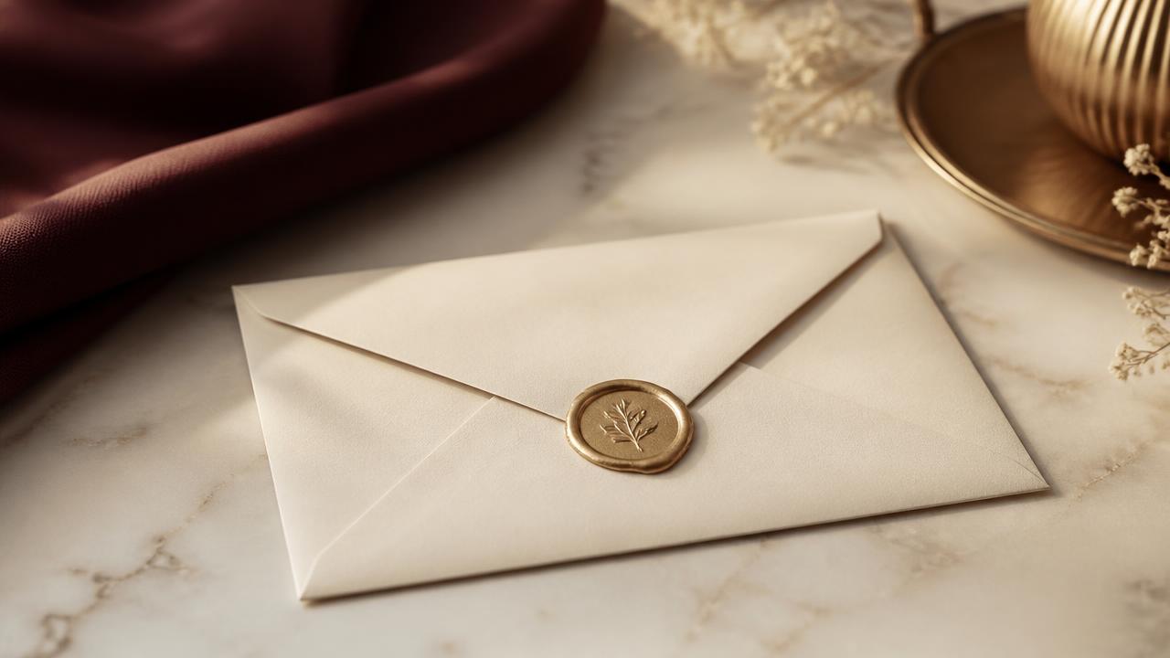 A sealed cream envelope with a gold wax seal, representing private correspondence